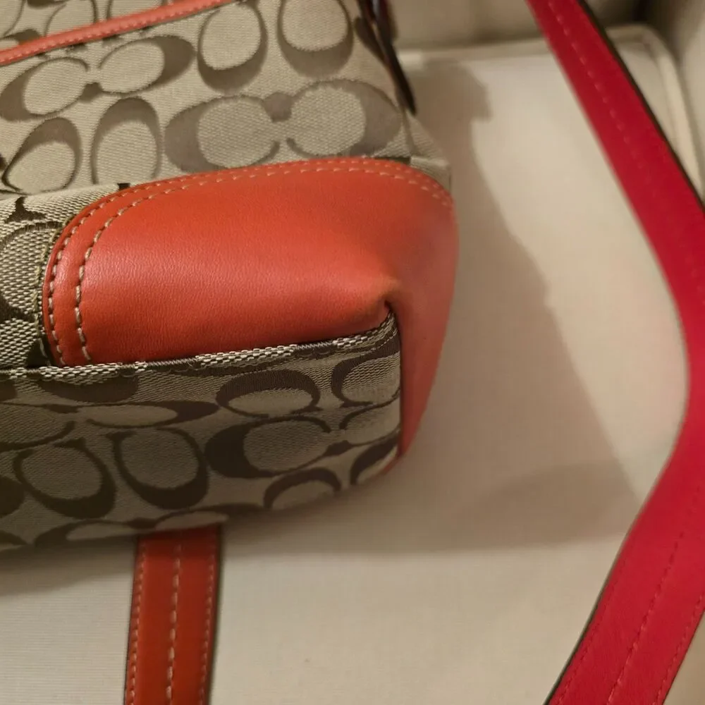 Coach Hampton Signature Flap Orange Leather Trim and Tan Crossbody Bag - Picture 6 of 9